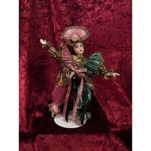 Vintage Porcelain Jester Doll Metallic Pleated Renaissance Figure Pink Teal Gold